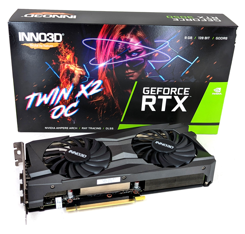 Die INNO3D GeForce RTX 3050 Twin X2 OC Grafikkarte samt Verpackung auf einen Blick.