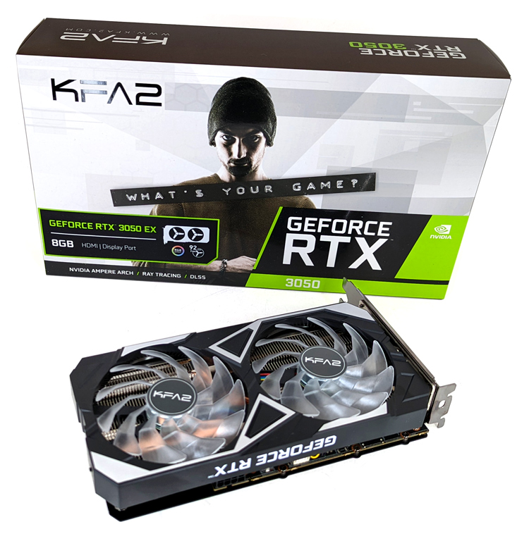 Die KFA2 GeForce RTX 3050 EX (1-Click OC) Grafikkarte samt Verpackung auf einen Blick.