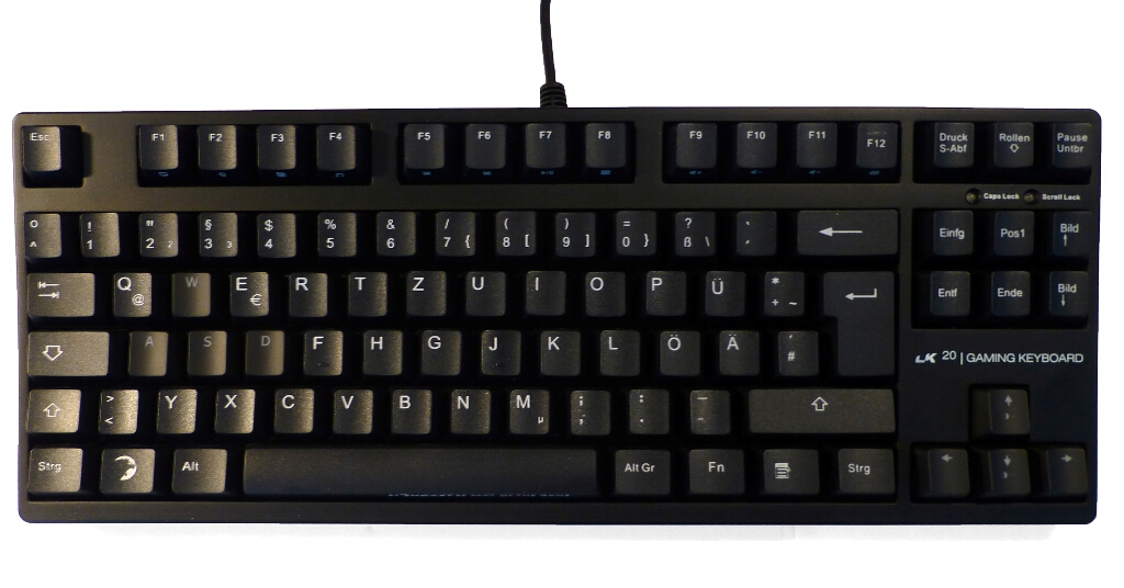 Die LK20 ist durch den fehlenden Nummernblock sehr kompakt. Die Tastatur kann mit den Füßen leicht abgewinkelt werden. Die weiche Handballenauflage fügt sich gut in das Gesamtbild ein.