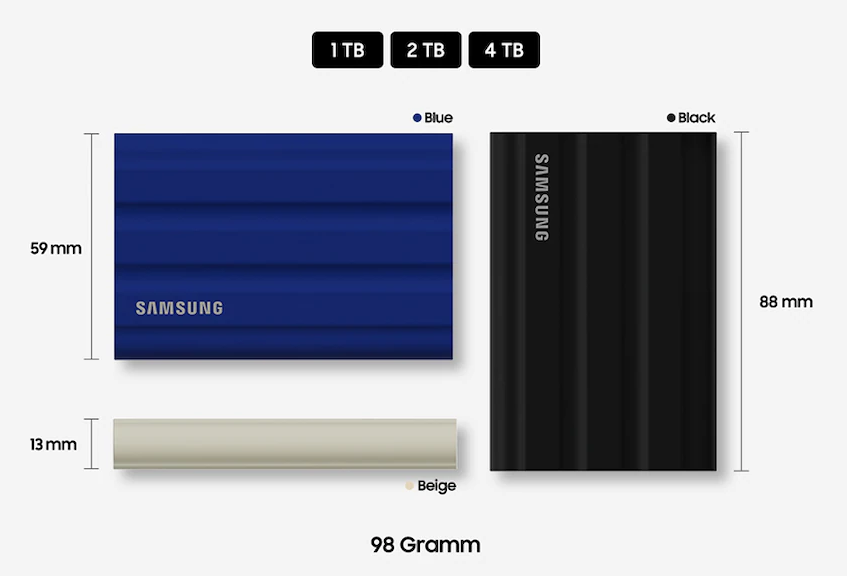 Die Varianten der Portable SSD T7 Shield im Überblick (Bildquelle: Samsung).