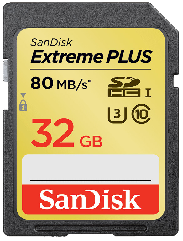 SanDisk Extreme PLUS SDHC-Karte mit UHS-I Bus-Interface und Klassifizierung nach C10 und U3 (min. 30 MB/s Schreibgeschwindigkeit). 80 MB/s beträgt die max. Lesegeschwindigkeit.