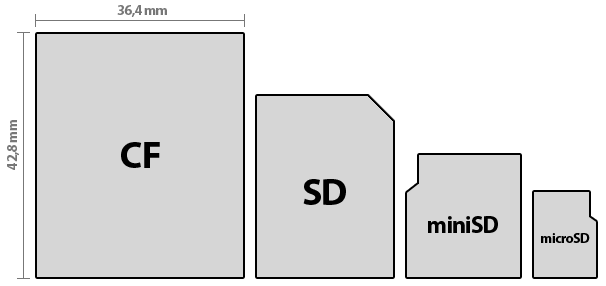 Größenvergleich CF, SD, miniSD, microSD.