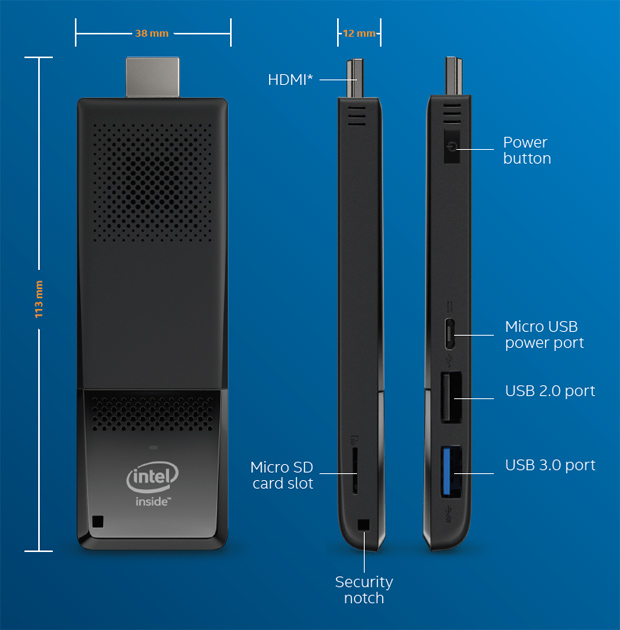 Der Intel Compute Stick inkl. Bemaßungen.