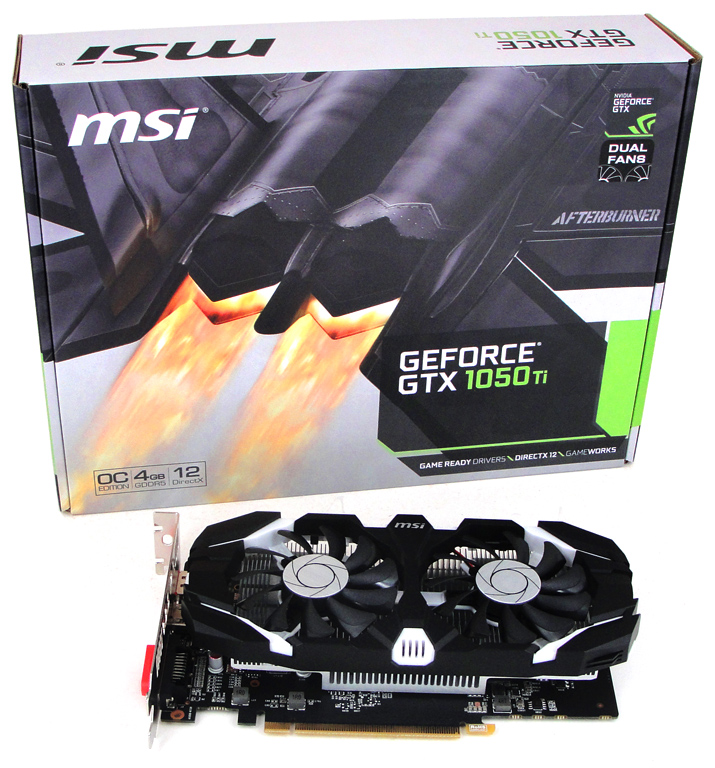 Die Verpackung der MSI GeForce GTX 1050 Ti 4GT OC samt der Grafikkarte selbst abgelichtet.